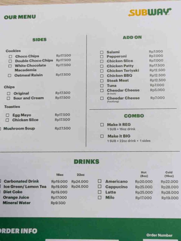 menu subway